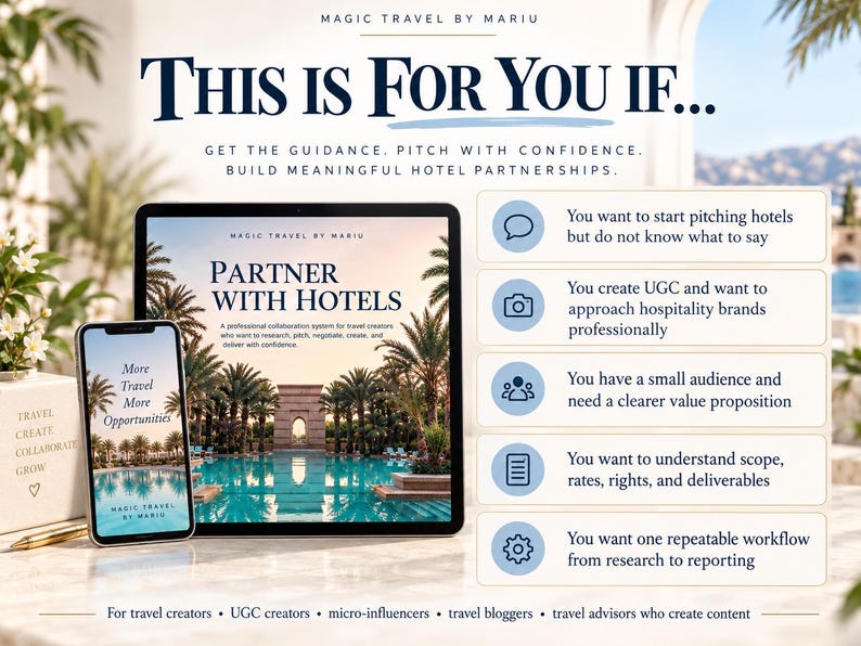 May include: A tablet and smartphone displaying the digital guide Partner With Hotels by Magic Travel by Mariu. The screens show a resort pool and text about travel collaboration. A list of five points outlines professional pitching guidance.
