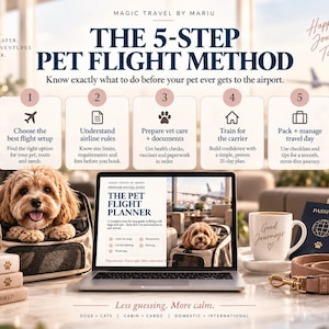 May include: A digital guide titled The 5-Step Pet Flight Method displayed on a laptop screen, surrounded by a pet carrier with a small brown dog, a mug labeled Good Journeys, a pet passport, a leash, and books labeled Pets Travel A Brighter World.