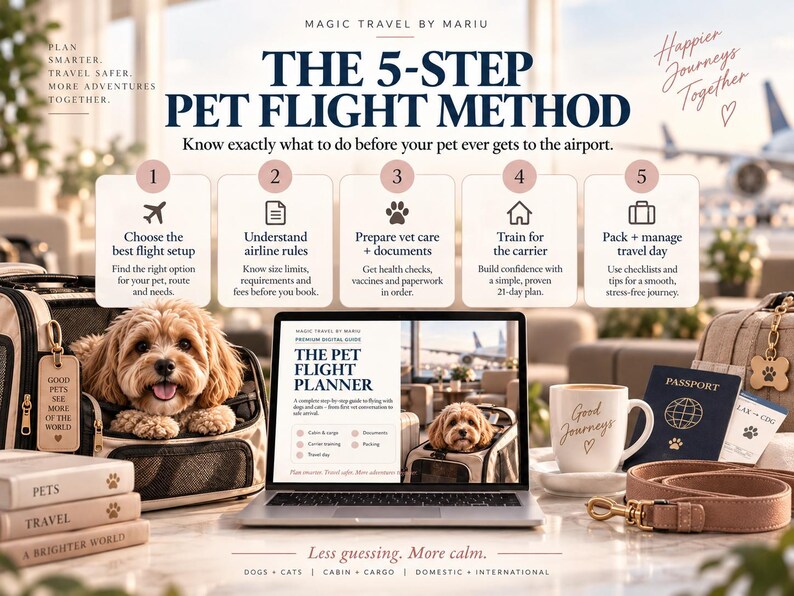 May include: A digital guide titled The 5-Step Pet Flight Method displayed on a laptop screen, surrounded by a pet carrier with a small brown dog, a mug labeled Good Journeys, a pet passport, a leash, and books labeled Pets Travel A Brighter World.