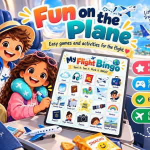 May include: A digital tablet displaying a My Flight Bingo game with colorful icons for travel items like clouds, headphones, and airplanes. Two children are shown in an airplane cabin setting with a small toy plane and a snack bag on the tray table.