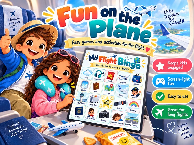 May include: A digital tablet displaying a My Flight Bingo game with colorful icons for travel items like clouds, headphones, and airplanes. Two children are shown in an airplane cabin setting with a small toy plane and a snack bag on the tray table.