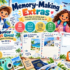 May include: A Memory-Making Extras travel activity book set featuring an explorer certificate, memory pages, postcards, and travel keepsakes. The set includes illustrations of two children, a toy airplane, a passport, and a camera, with text including Junior Jet Quest, Explorer Certificate, and My Destination Snapshot.