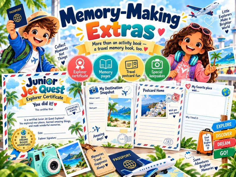 May include: A Memory-Making Extras travel activity book set featuring an explorer certificate, memory pages, postcards, and travel keepsakes. The set includes illustrations of two children, a toy airplane, a passport, and a camera, with text including Junior Jet Quest, Explorer Certificate, and My Destination Snapshot.