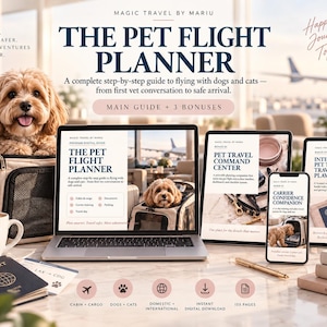 May include: The Pet Flight Planner digital guide set includes a laptop, tablet, and smartphone displaying travel resources for dogs and cats. Features include a pet carrier, a mug with the text Good Journeys, a passport, and books labeled Pets and Travel.