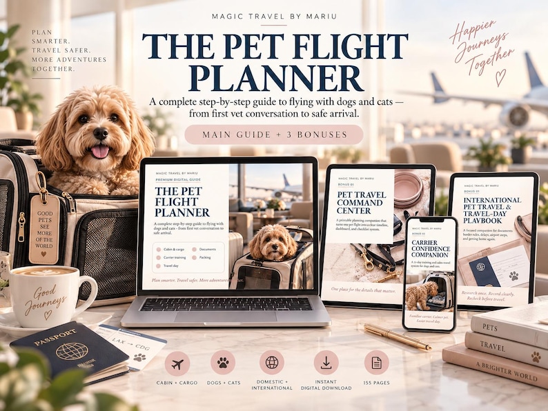 May include: The Pet Flight Planner digital guide set includes a laptop, tablet, and smartphone displaying travel resources for dogs and cats. Features include a pet carrier, a mug with the text Good Journeys, a passport, and books labeled Pets and Travel.