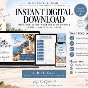 May include: A digital marketing product for travel advisors titled The Travel Advisor Reel Vault, displayed on a laptop, tablet, and smartphone. The graphic includes text about instant digital downloads, a weekly reel plan, and content creation.