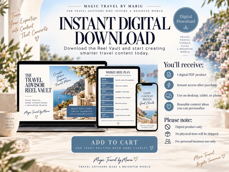 May include: A digital marketing product for travel advisors titled The Travel Advisor Reel Vault, displayed on a laptop, tablet, and smartphone. The graphic includes text about instant digital downloads, a weekly reel plan, and content creation.