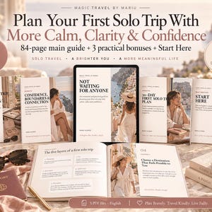 May include: A digital solo travel planning guide set titled Magic Travel by Mariu, featuring a 145-page collection with a main guide, three bonuses, and a start here document. The display includes a tablet, open book pages, a passport, sunglasses, and a coffee cup.