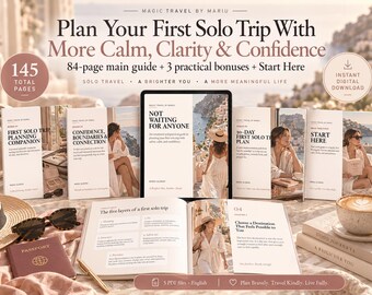 Solo Female Travel Guide for First Trip, Women's Travel Safety & Confidence Ebook, Solo Trip Planner + 3 Bonus Workbooks, Digital PDF