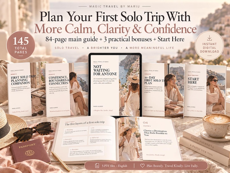 May include: A digital solo travel planning guide set titled Magic Travel by Mariu, featuring a 145-page collection with a main guide, three bonuses, and a start here document. The display includes a tablet, open book pages, a passport, sunglasses, and a coffee cup.