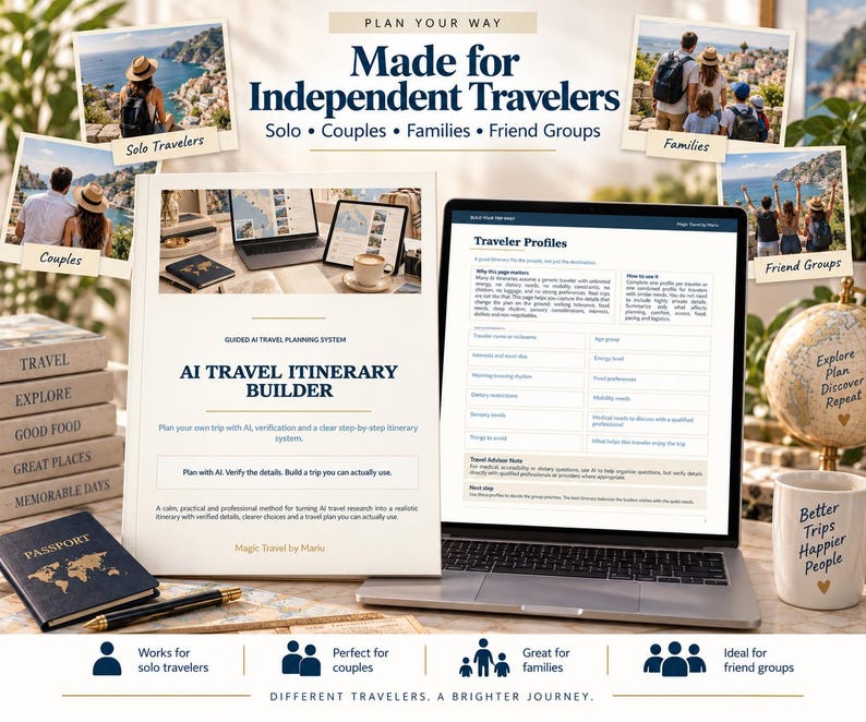 May include: An AI travel itinerary builder guide and a laptop displaying a traveler profile form. The guide features the text AI TRAVEL ITINERARY BUILDER and the laptop screen shows fields for travel preferences. A passport, globe, and mug are nearby.
