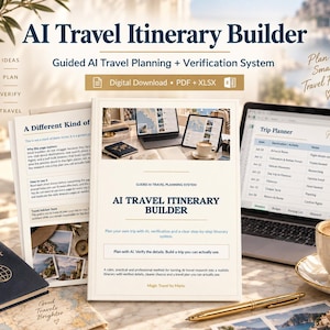 May include: An AI Travel Itinerary Builder digital download kit featuring a PDF and XLSX file. The document displays the title AI Travel Itinerary Builder, a guided AI travel planning system, and a trip planner spreadsheet on a laptop screen.