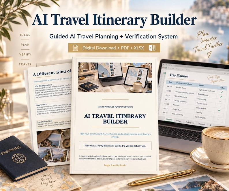 May include: An AI Travel Itinerary Builder digital download kit featuring a PDF and XLSX file. The document displays the title AI Travel Itinerary Builder, a guided AI travel planning system, and a trip planner spreadsheet on a laptop screen.