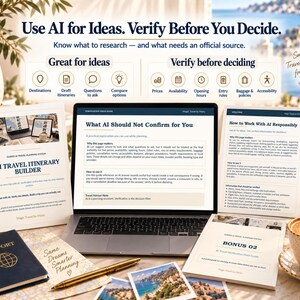 May include: A laptop displaying a guide titled What AI Should Not Confirm for You, surrounded by printed travel planning documents, a blue passport, a gold pen, and a cup of coffee. The text emphasizes using AI for ideas and verifying details.