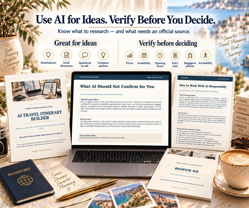 May include: A laptop displaying a guide titled What AI Should Not Confirm for You, surrounded by printed travel planning documents, a blue passport, a gold pen, and a cup of coffee. The text emphasizes using AI for ideas and verifying details.
