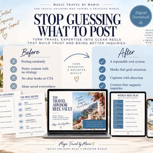 May include: A digital download marketing kit for travel advisors featuring a laptop, smartphone, and printed guides. Text includes Stop Guessing What To Post, The Travel Advisor Reel Vault, and a weekly reel plan with a coastal Mediterranean background.