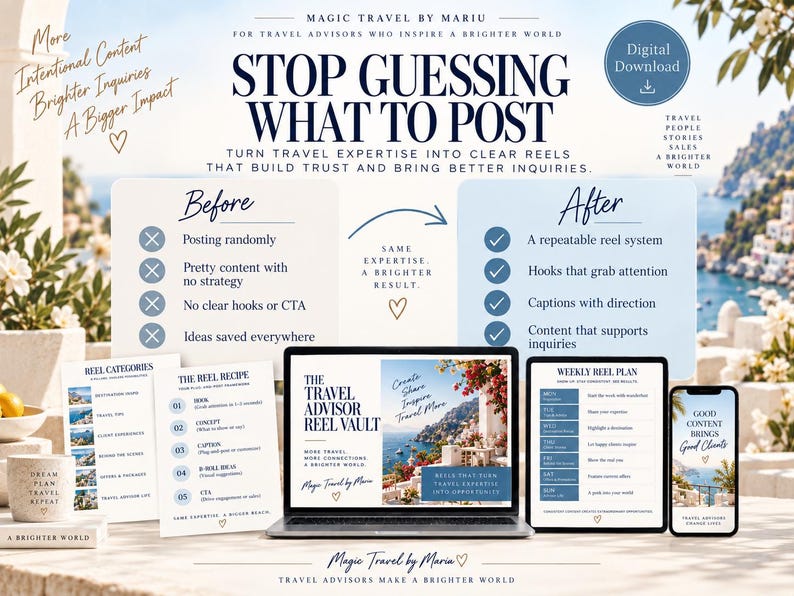 May include: A digital download marketing kit for travel advisors featuring a laptop, smartphone, and printed guides. Text includes Stop Guessing What To Post, The Travel Advisor Reel Vault, and a weekly reel plan with a coastal Mediterranean background.