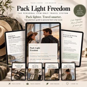 May include: A digital travel guide titled Pack Light Freedom, featuring a central tablet displaying a couple at an airport, flanked by two smaller tablets showing text and four smaller screens detailing packing methods and travel capsule components.