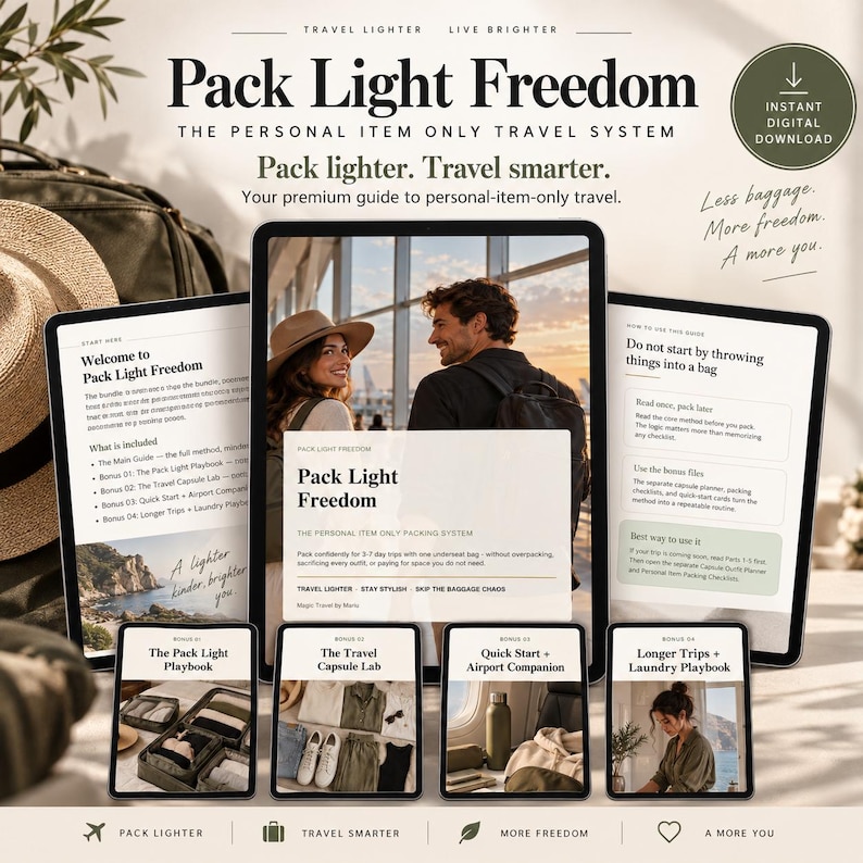 May include: A digital travel guide titled Pack Light Freedom, featuring a central tablet displaying a couple at an airport, flanked by two smaller tablets showing text and four smaller screens detailing packing methods and travel capsule components.