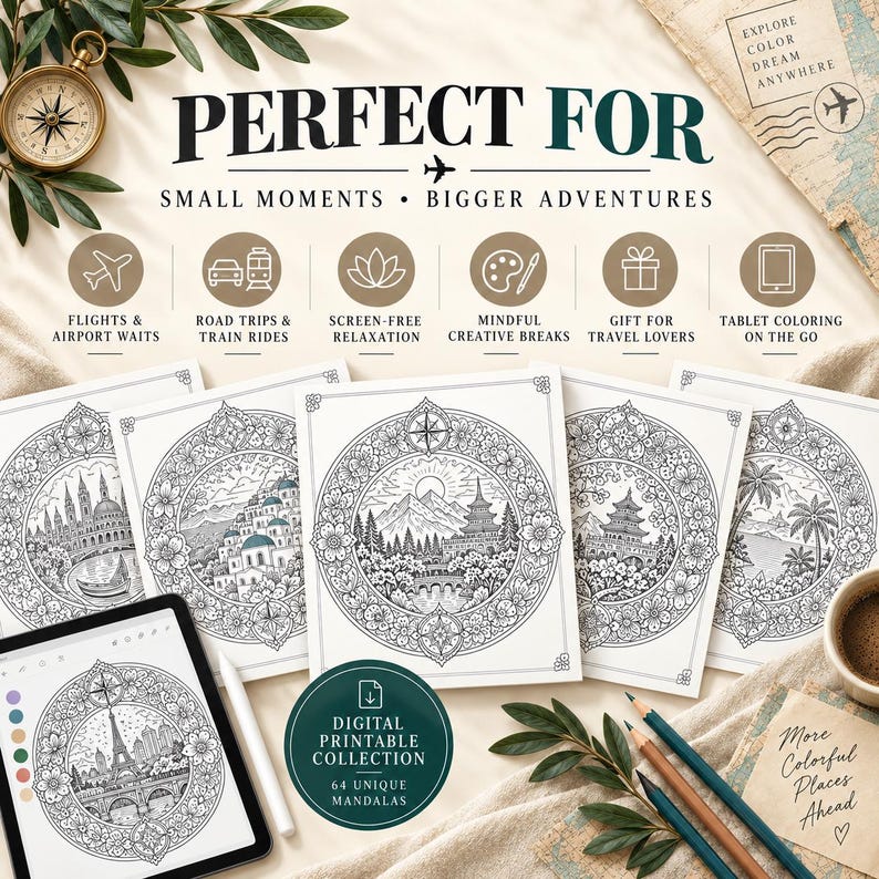 Travel Mandala Coloring Book for Adults | 64 Printable Travel Coloring Pages | PDF + PNG | Digital & Tablet Coloring image 7