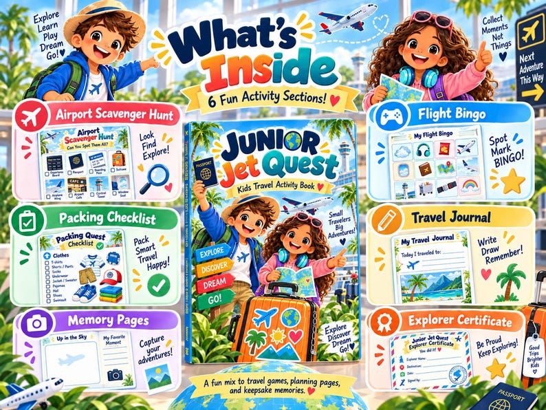 May include: A Junior Jet Quest kids travel activity book featuring a colorful cover with two children, a suitcase, and palm trees. The book includes six sections: Airport Scavenger Hunt, Flight Bingo, Packing Checklist, Travel Journal, Memory Pages, and an Explorer Certificate, all displayed with descriptive text and icons.