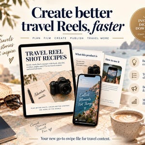 May include: A digital product guide for travel content creation featuring a tablet and smartphone displaying travel reel shot recipes, alongside a passport, sunglasses, a straw hat, and a coffee cup on a map background with text overlays.