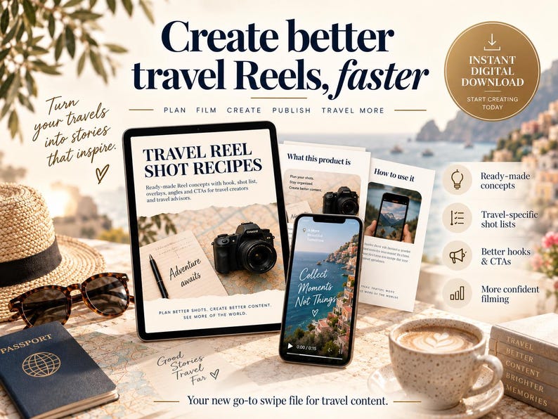 May include: A digital product guide for travel content creation featuring a tablet and smartphone displaying travel reel shot recipes, alongside a passport, sunglasses, a straw hat, and a coffee cup on a map background with text overlays.