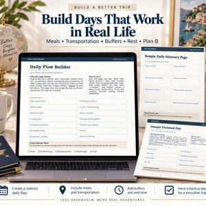 May include: A laptop displaying a Daily Flow Builder itinerary template, accompanied by two printed sample pages. The screen shows sections for meals, transportation, and buffers. A passport, a pen, and a globe are visible on the desk surface.
