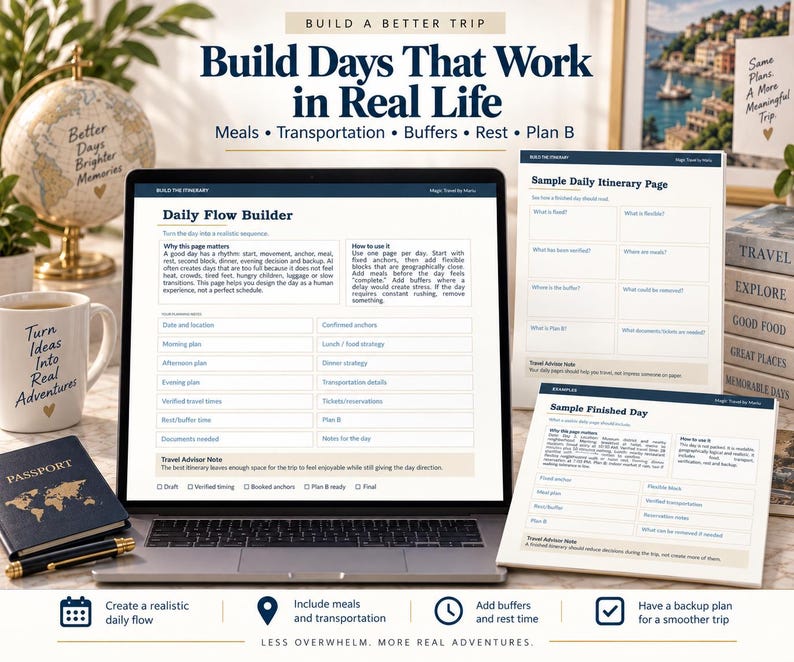 May include: A laptop displaying a Daily Flow Builder itinerary template, accompanied by two printed sample pages. The screen shows sections for meals, transportation, and buffers. A passport, a pen, and a globe are visible on the desk surface.