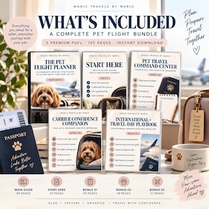 May include: A digital pet flight bundle featuring five PDF guides titled The Pet Flight Planner, Start Here, Pet Travel Command Center, Carrier Confidence Companion, and International + Travel-Day Playbook, displayed with a passport and bowl.