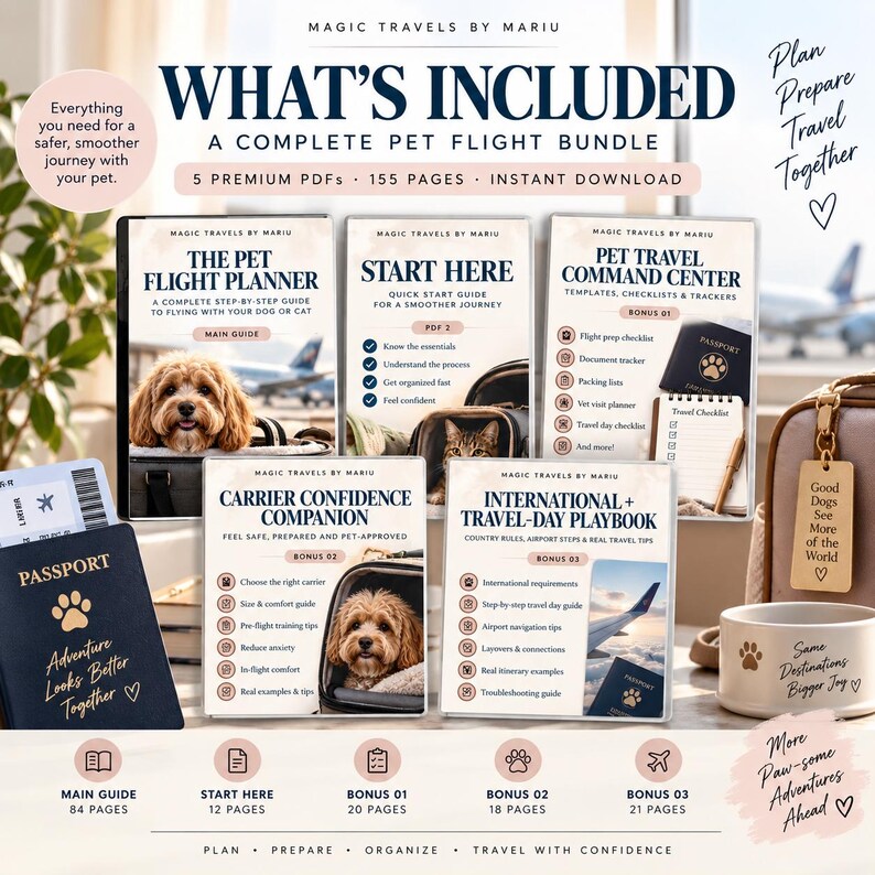 May include: A digital pet flight bundle featuring five PDF guides titled The Pet Flight Planner, Start Here, Pet Travel Command Center, Carrier Confidence Companion, and International + Travel-Day Playbook, displayed with a passport and bowl.