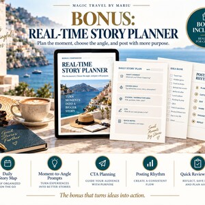 May include: A digital real-time story planner displayed on a tablet screen, accompanied by printed planning sheets featuring sections for daily story plans, idea banks, and posting rhythms, all presented with a coastal Mediterranean backdrop.