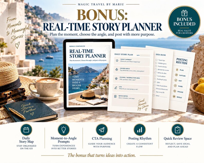 May include: A digital real-time story planner displayed on a tablet screen, accompanied by printed planning sheets featuring sections for daily story plans, idea banks, and posting rhythms, all presented with a coastal Mediterranean backdrop.