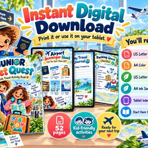 May include: A digital travel activity book for kids titled Junior Jet Quest, featuring illustrations of children with passports and luggage. Includes an airport scavenger hunt, travel journal, and packing checklist, with options for US Letter and A4 formats.