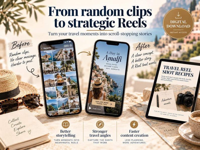 May include: A digital download guide titled From random clips to strategic Reels, featuring two smartphones displaying video editing processes and a tablet showing Travel Reel Shot Recipes, alongside a straw hat, sunglasses, and a notebook.