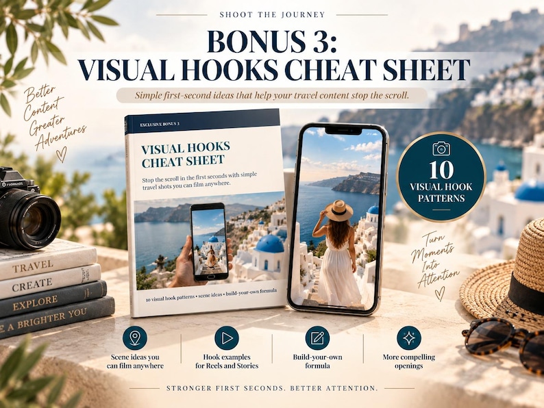 May include: A digital guide titled Visual Hooks Cheat Sheet featuring a stack of books, a smartphone displaying a travel scene, and a circular badge with the text 10 Visual Hook Patterns. The guide includes text about travel content and filming.