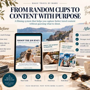 May include: A digital travel content filming guide titled Shoot The Journey, featuring a tablet, a workbook, a cheat sheet, a camera, and a coffee mug. The text includes From Random Clips To Content With Purpose, Better Trips Brighter Stories, and Film Smarter. Post With More Clarity.