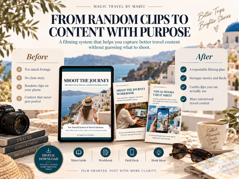 May include: A digital travel content filming guide titled Shoot The Journey, featuring a tablet, a workbook, a cheat sheet, a camera, and a coffee mug. The text includes From Random Clips To Content With Purpose, Better Trips Brighter Stories, and Film Smarter. Post With More Clarity.