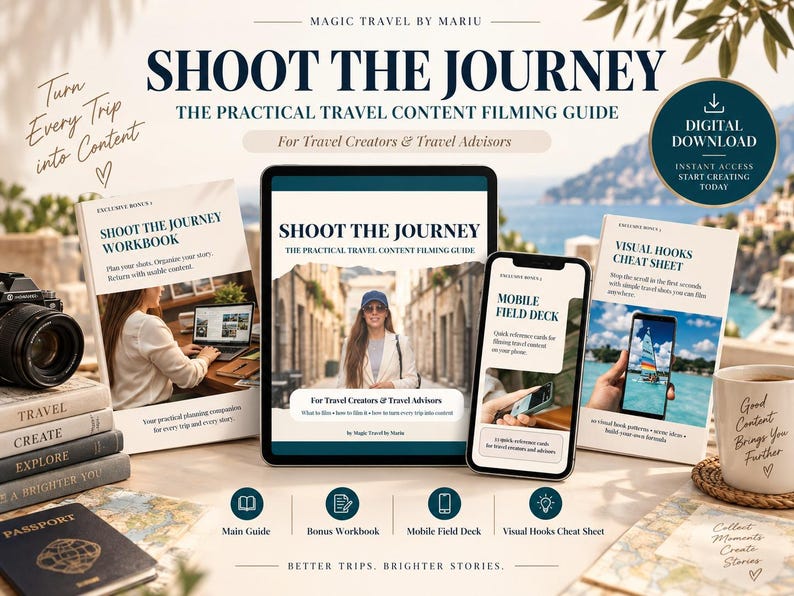 May include: A digital travel content filming guide titled Shoot The Journey, featuring a main guide on a tablet, a mobile field deck on a smartphone, a workbook, and a visual hooks cheat sheet, all displayed with travel-themed accessories.