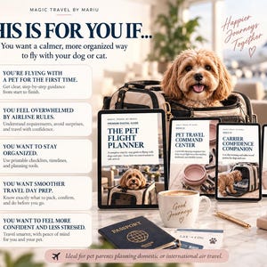 May include: A digital pet travel guide set featuring a fluffy dog in a carrier, tablets displaying The Pet Flight Planner, Pet Travel Command Center, Carrier Confidence Companion, and International Pet Travel & Travel-Day Playbook, a passport, and a mug.