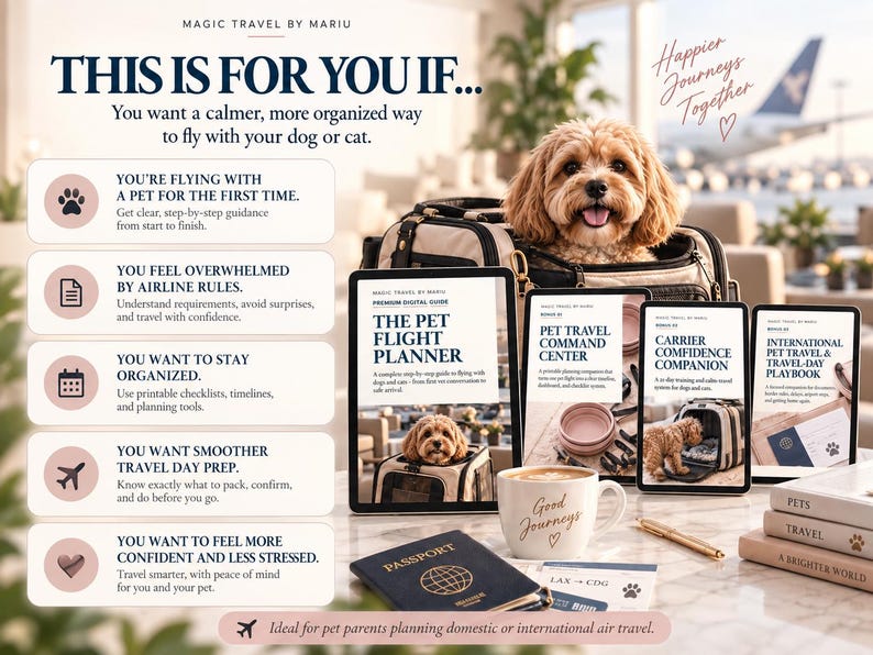 May include: A digital pet travel guide set featuring a fluffy dog in a carrier, tablets displaying The Pet Flight Planner, Pet Travel Command Center, Carrier Confidence Companion, and International Pet Travel & Travel-Day Playbook, a passport, and a mug.