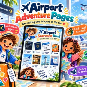May include: A digital tablet displays an Airport Scavenger Hunt activity sheet featuring icons for a departure board, passport, boarding pass, suitcase, airplane wing, airport cafe, control tower, and window seat, surrounded by cartoon travelers.