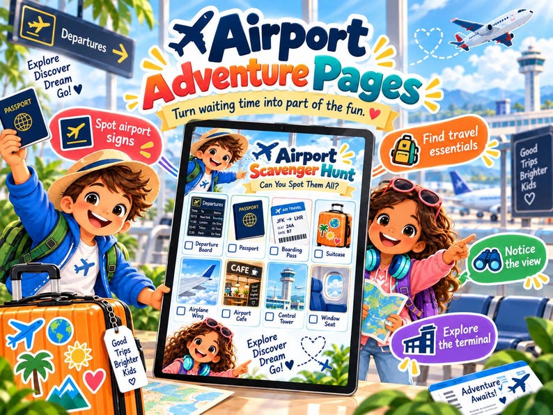 May include: A digital tablet displays an Airport Scavenger Hunt activity sheet featuring icons for a departure board, passport, boarding pass, suitcase, airplane wing, airport cafe, control tower, and window seat, surrounded by cartoon travelers.