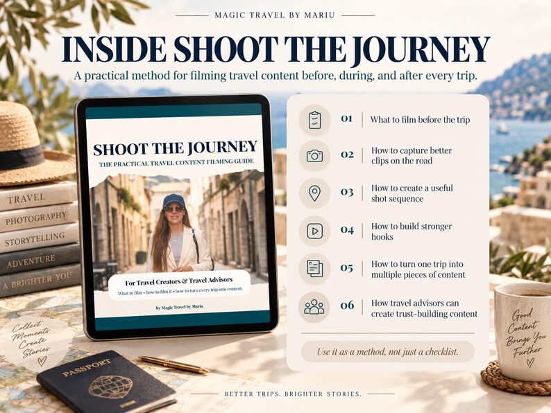 May include: A digital tablet displaying a guide titled Shoot The Journey, featuring a person in a cap on a street. Beside it, a list of six steps for travel content creation, a passport, a pen, and a mug with text, all on a light surface.