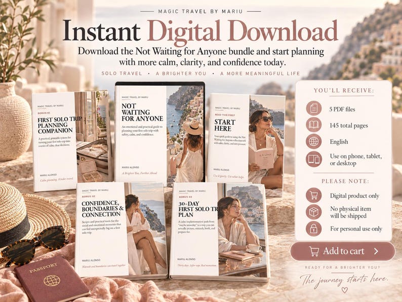 May include: A digital download bundle titled Magic Travel by Mariu featuring five guides: First Solo Trip Planning Companion, Not Waiting for Anyone, Start Here, Confidence, Boundaries & Connection, and 30-Day First Solo Trip Plan with a passport.