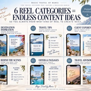 May include: A digital download guide titled 6 Reel Categories = Endless Content Ideas for travel advisors. It features six numbered sections with smartphone mockups and text overlays detailing content strategies like destination inspiration, travel tips, client experiences, behind the scenes, offers, and advisor life.