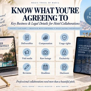 May include: A digital download guide for hotel collaborations featuring a laptop, tablet, and smartphone displaying business planning content. Text includes Know What You're Agreeing To, Partner With Hotels, and a grid of icons for deliverables, compensation, and legal terms.
