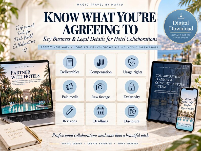 May include: A digital download guide for hotel collaborations featuring a laptop, tablet, and smartphone displaying business planning content. Text includes Know What You're Agreeing To, Partner With Hotels, and a grid of icons for deliverables, compensation, and legal terms.