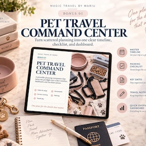 May include: A digital tablet displaying a Pet Travel Command Center planning guide, surrounded by pet travel accessories including a pink bowl, a leash with a paw print tag, a passport, a notebook, and a luggage tag on a marble surface.