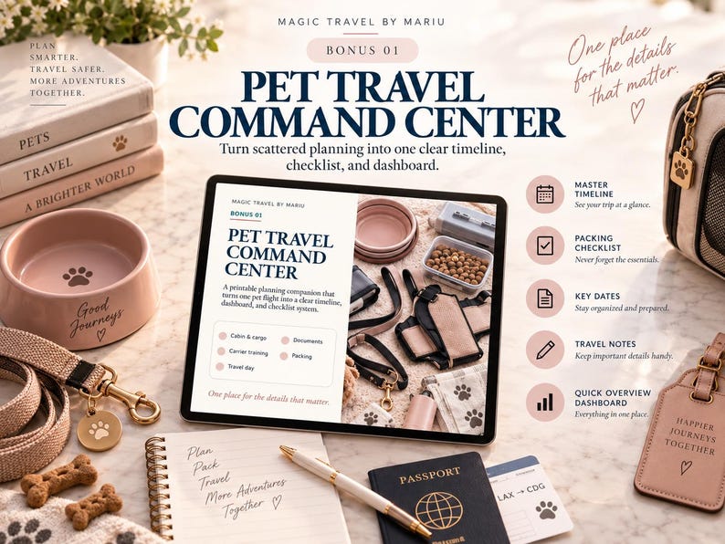 May include: A digital tablet displaying a Pet Travel Command Center planning guide, surrounded by pet travel accessories including a pink bowl, a leash with a paw print tag, a passport, a notebook, and a luggage tag on a marble surface.